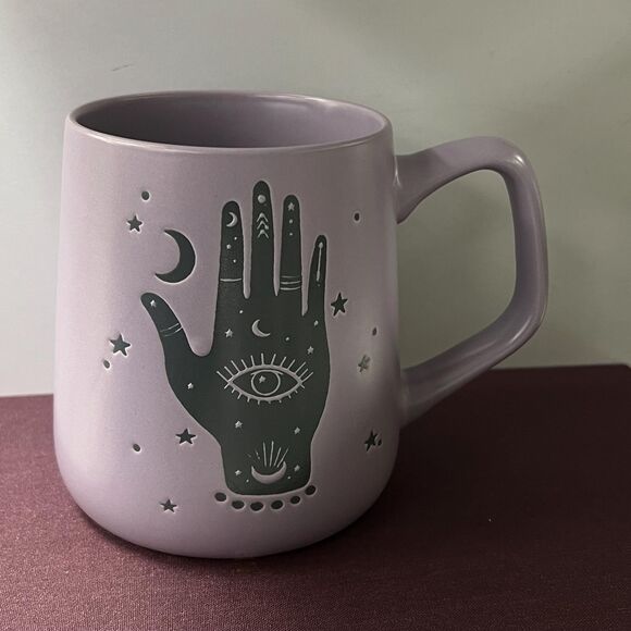 Fig and Fern Boho HAMSA HAND Evil Eye Ceramic Coffee Mug Purple - Picture 4 of 13